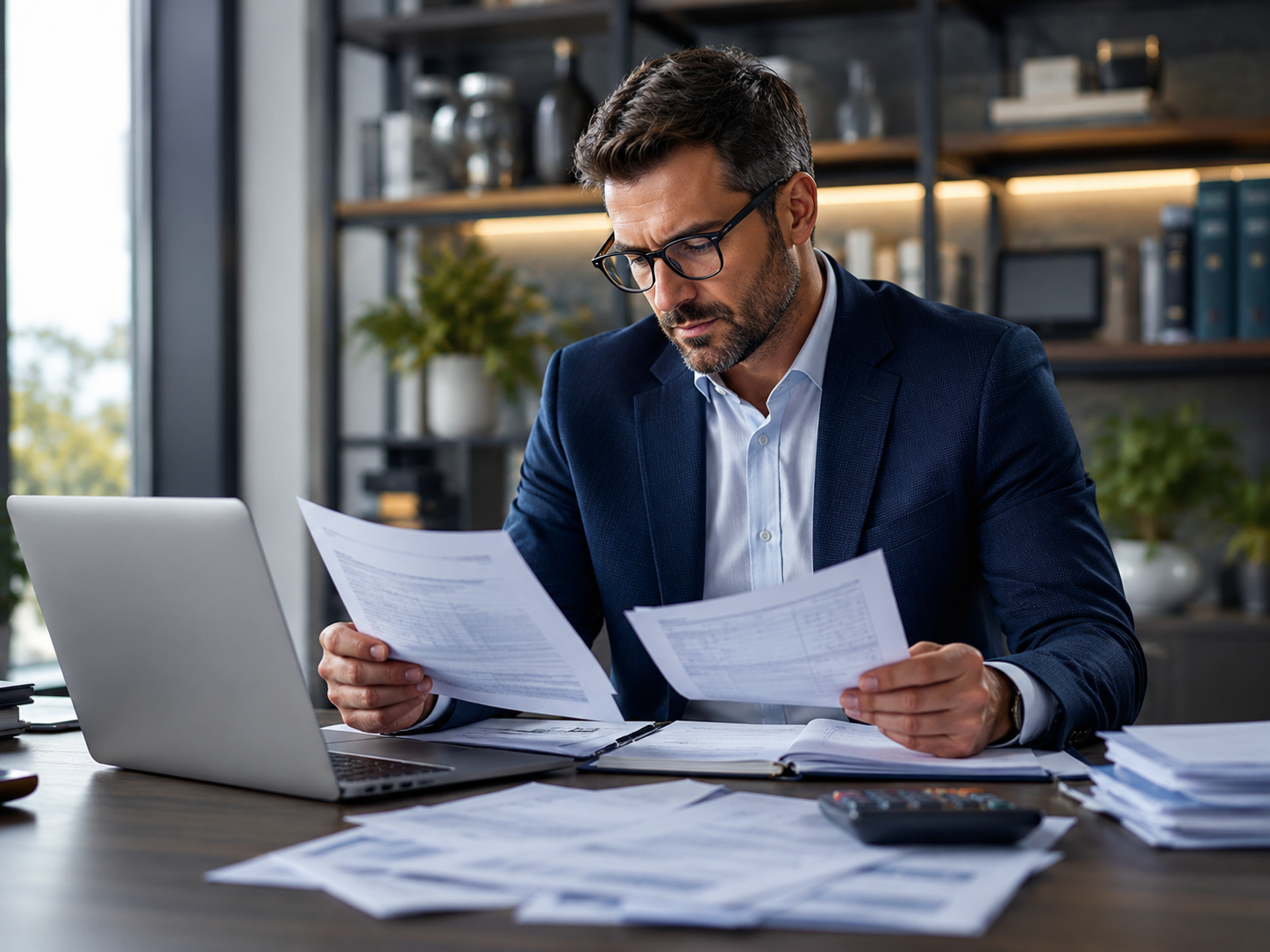 Invoice Factoring client reviewing invoices in his office
